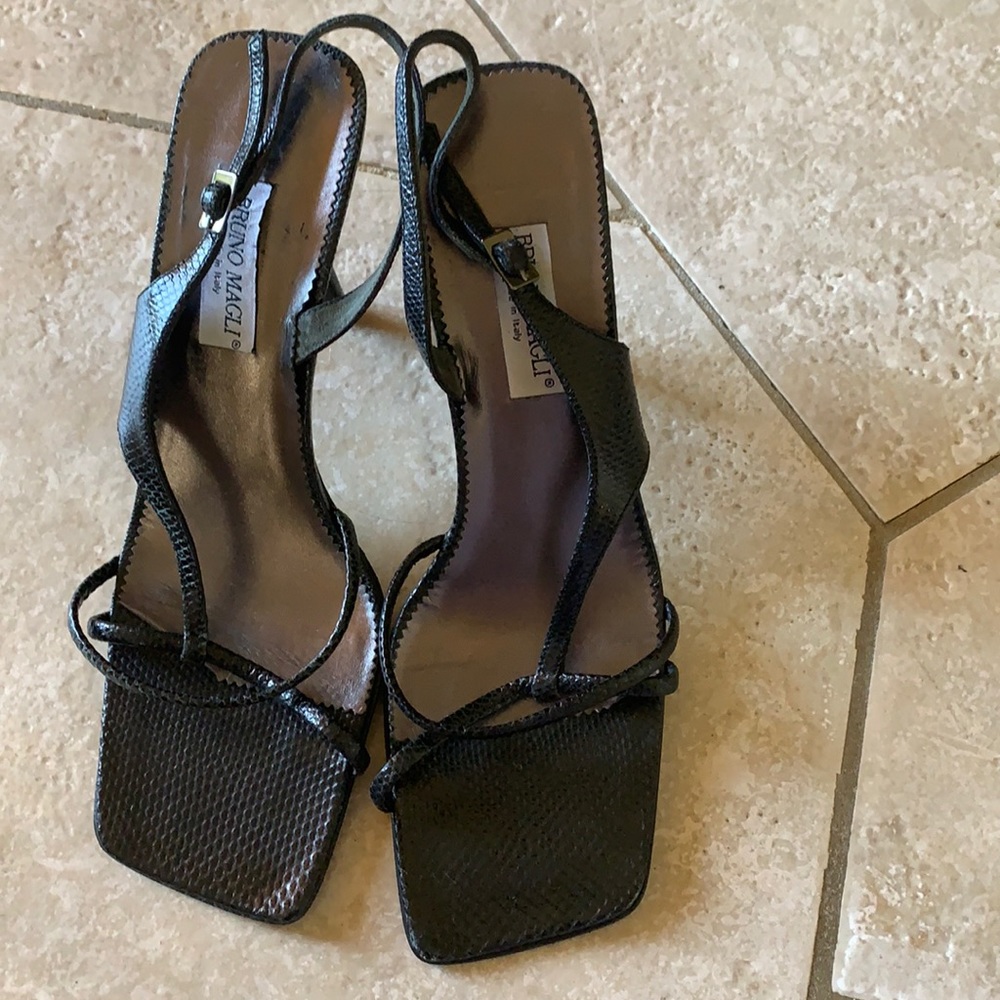 Brunello Magli black square toe high heel sandal.